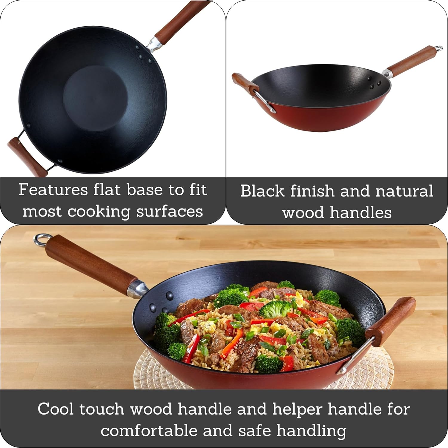 IMUSA USA Light Cast Iron Wok with Wood Handles 14-Inch, Black