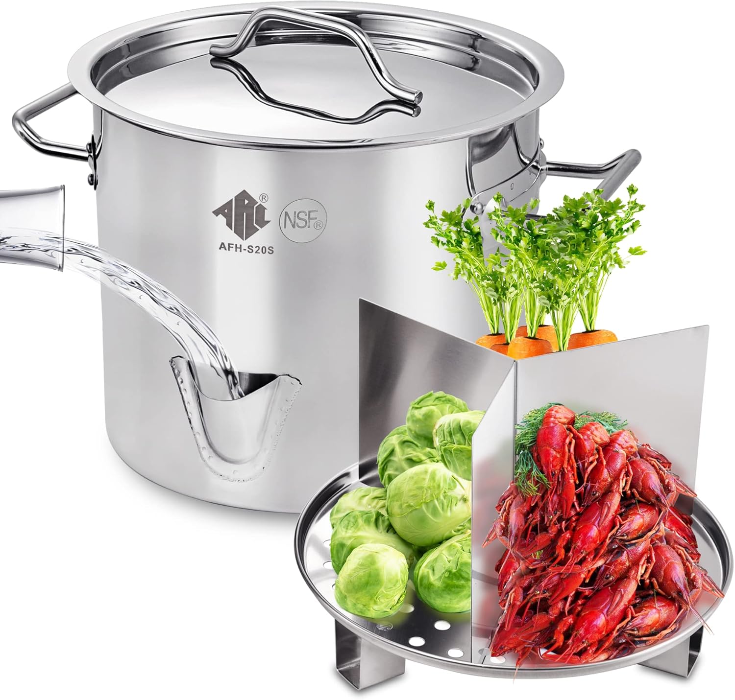 ARC 32QT Stainless Steel Tamale Steamer Pot w/Easy-fill Water Spout, Seafood Crab Steamer with Divider and Steamer Rack, 8 Gallon