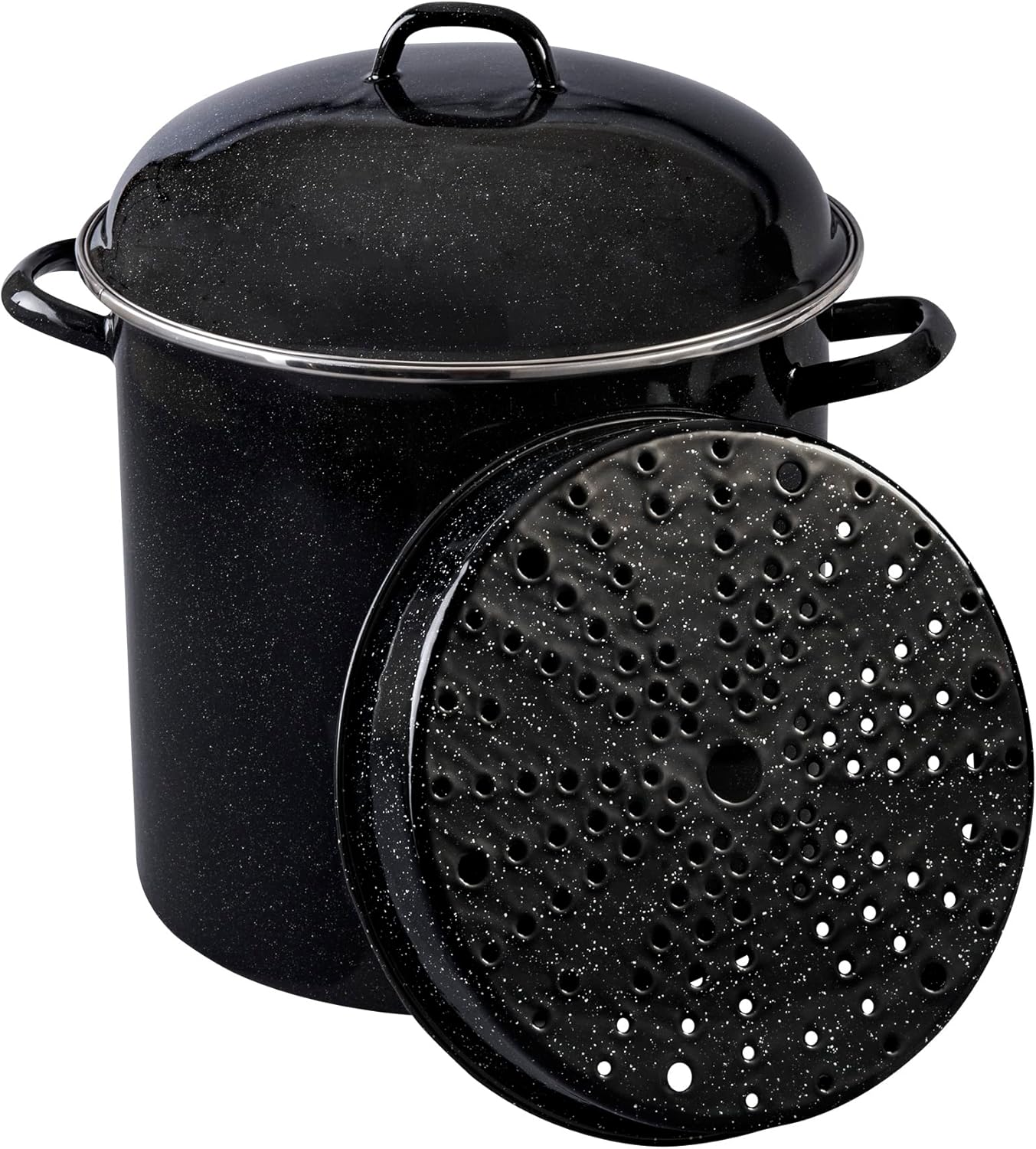 Granite Ware 15 Qt Heavy Gauge Seafood, Tamale, Steamer Pot with Lid and Trivet. (Speckled Black) Enamelware. Stainless Steel. Suitable for Cooktops, Oven to table. Dishwasher Safe.