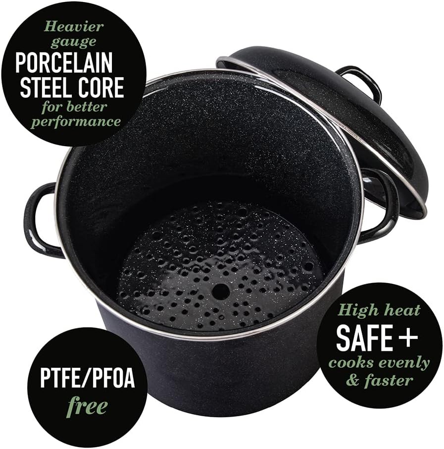 Granite Ware 15 Qt Heavy Gauge Seafood, Tamale, Steamer Pot with Lid and Trivet. (Speckled Black) Enamelware. Stainless Steel. Suitable for Cooktops, Oven to table. Dishwasher Safe.