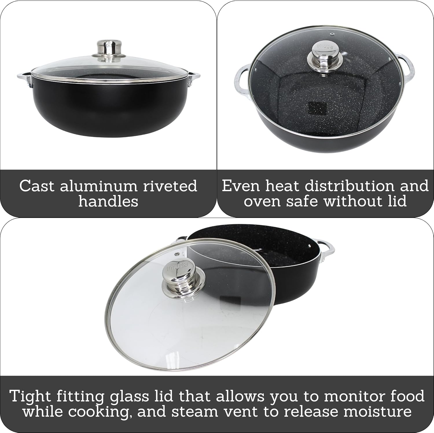 IMUSA 6.9Qt Bistro Ceramic Nonstick Caldero/Dutch Oven with Glass Lid, Black