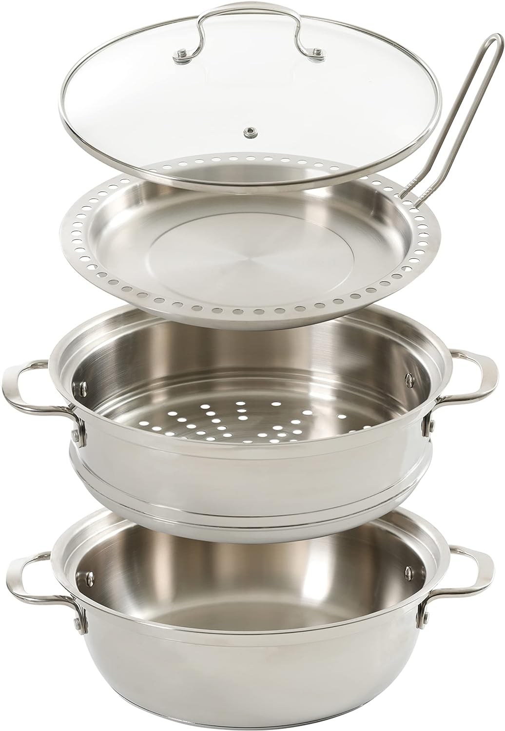 Kenmore Elite Devon Heavy Gauge Stainless Steel Tri-Ply Impact Bonded Induction 6.5 QT Dutch Oven W/ 11 Steamer and Metal Tong Set, 5-Piece