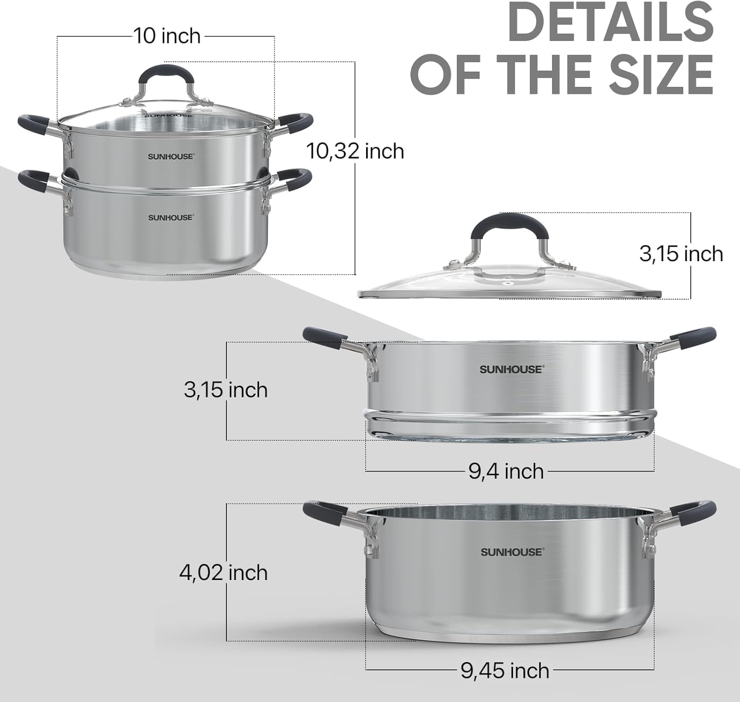 SUNHOUSE - 4.6 Quart Steamer Pots With Lid 2-Tier Multipurpose Stainless Steel Steaming Pot Cookware For Vegetable, Dumpling, Sauce, Food - Triple Bottom, Measurement Line