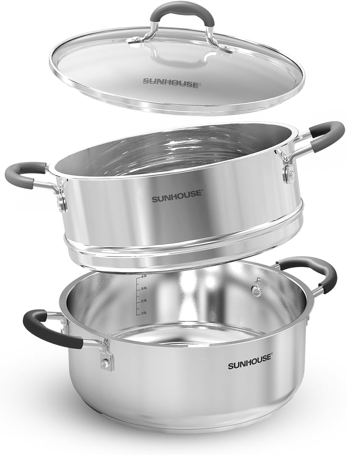 SUNHOUSE - 4.6 Quart Steamer Pots With Lid 2-Tier Multipurpose Stainless Steel Steaming Pot Cookware For Vegetable, Dumpling, Sauce, Food - Triple Bottom, Measurement Line