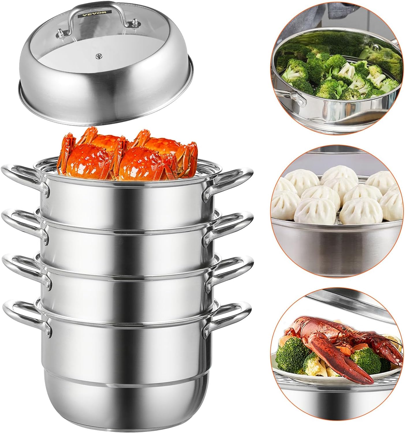 VEVOR Steamer Pot 11.8in/30cm, 5 Tier Steamer Pot for Cooking with 10QT Stock Pot, 3 Vegetable Steamers  2 Steaming Trays, Food-Grade 304 Stainless Steel Food Steamer Cookware for Gas Electric Stove