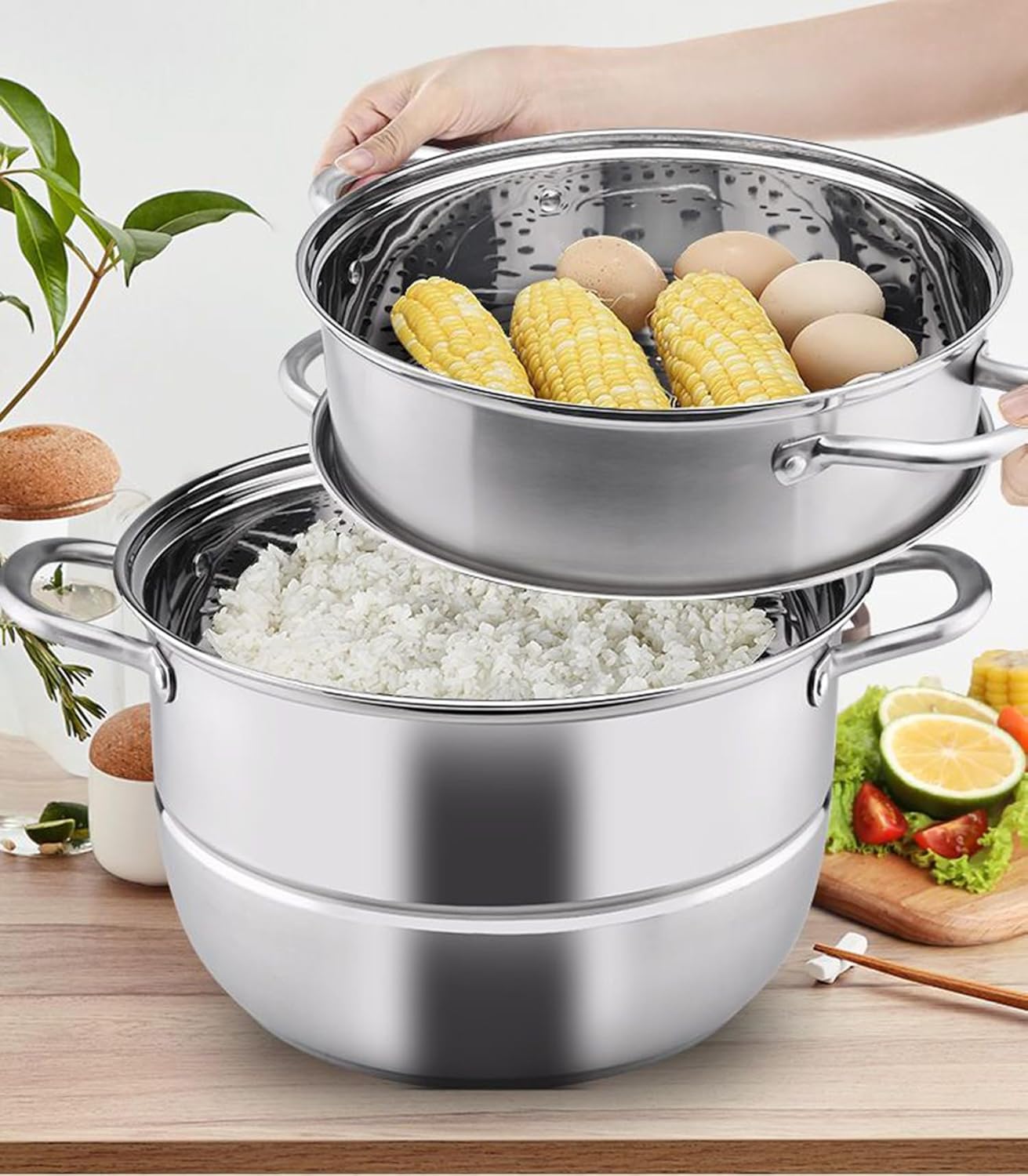 11 inch Steamer for Cooking, Food Grade Stainless Steel Steamer Pot, Steam Pots with Glass Lid 2-tier Steamer Cookware for Vegetable, Dumpling, Stock, Sauce,Stews and Pasta (Stainless steel -2 layer)