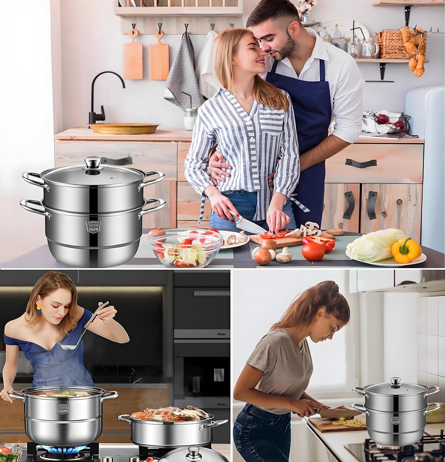 11 inch Steamer for Cooking, Food Grade Stainless Steel Steamer Pot, Steam Pots with Glass Lid 2-tier Steamer Cookware for Vegetable, Dumpling, Stock, Sauce,Stews and Pasta (Stainless steel -2 layer)