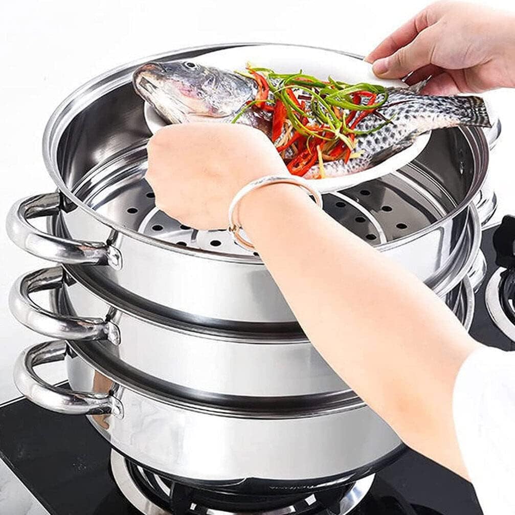 3 Tier Steamer Pot with Glass Lid - 30 cm Stainless Steel Steamer Pot Set Kitchen Steamer Cookware Tool Food Veg Cooker Pot for Cooking Vegetables, Seafood, Soups, Stews and Pasta