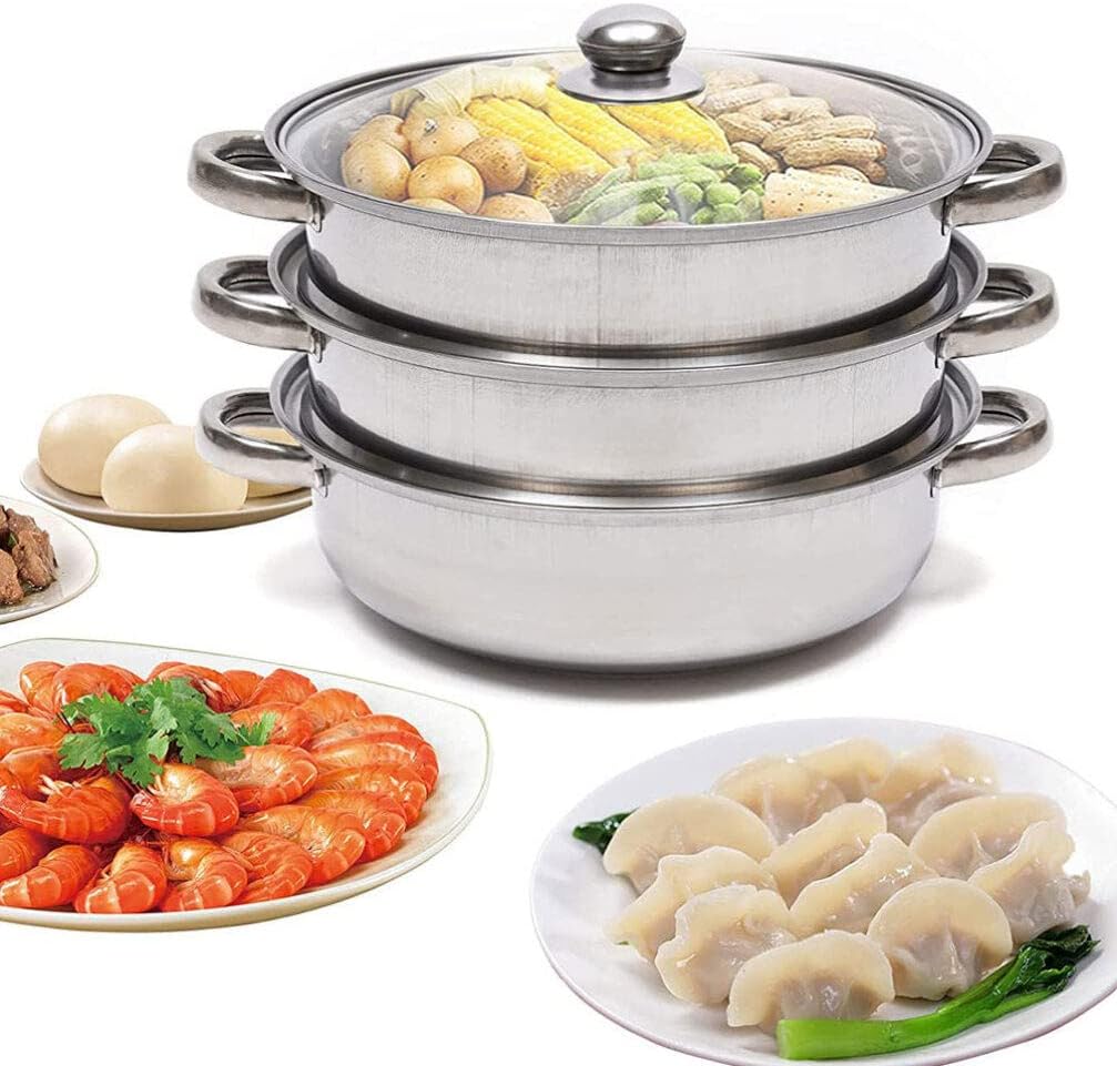 3 Tier Steamer Pot with Glass Lid - 30 cm Stainless Steel Steamer Pot Set Kitchen Steamer Cookware Tool Food Veg Cooker Pot for Cooking Vegetables, Seafood, Soups, Stews and Pasta