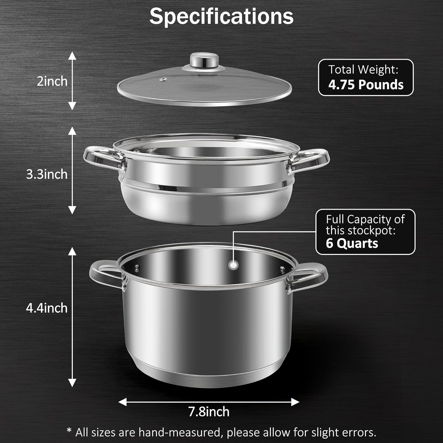 AuFranc® 6 Quart 18/10 Stainless Steel Tri-ply Stockpot and Steamer with Tempered Glass Lid, Multipurpose Steamer Pot Compatible with All Cooktops, Non-Toxic Soup Pot, Oven  Dishwasher Safe (Silver)