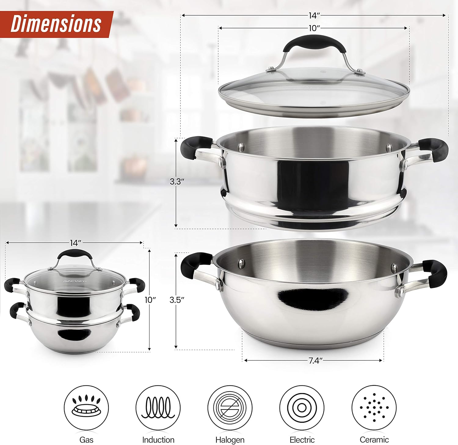 AVACRAFT 18/10, 3 Piece Stainless Steel Steamer Cooking Pot Set, Steamer for Cooking, Steamer Pan Set with Glass Lid, Momo Maker, Induction Steamer Pot