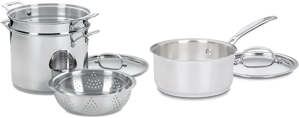 Cuisinart 4-Piece Cookware Set, 12 Quarts, Chefs Classic Stainless Steel Pasta/Steamer, 77-412P1  1.5 Quart Saucepan w/Cover, Chefs Classic Stainless Steel Cookware Collection, 719-16