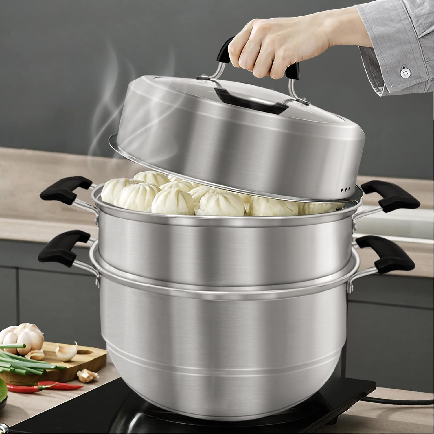 MANO Steamer Pot for Cooking 11.8 inch Steam Pots with Lid 2-tier Stainless Steel Steaming Pot Multipurpose Cookware with Handle for Vegetable, Dumpling, Stock, Sauce, Food