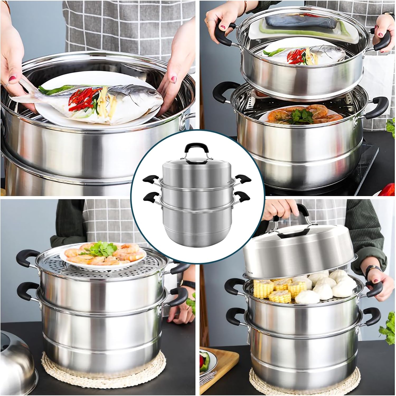 MANO Steamer Pot for Cooking 12.6 inch Steam Pots with Lid 2-tier Stainless Steel Steaming Pot Multipurpose Cookware with Handle for Vegetable, Dumpling, Stock, Sauce, Food…