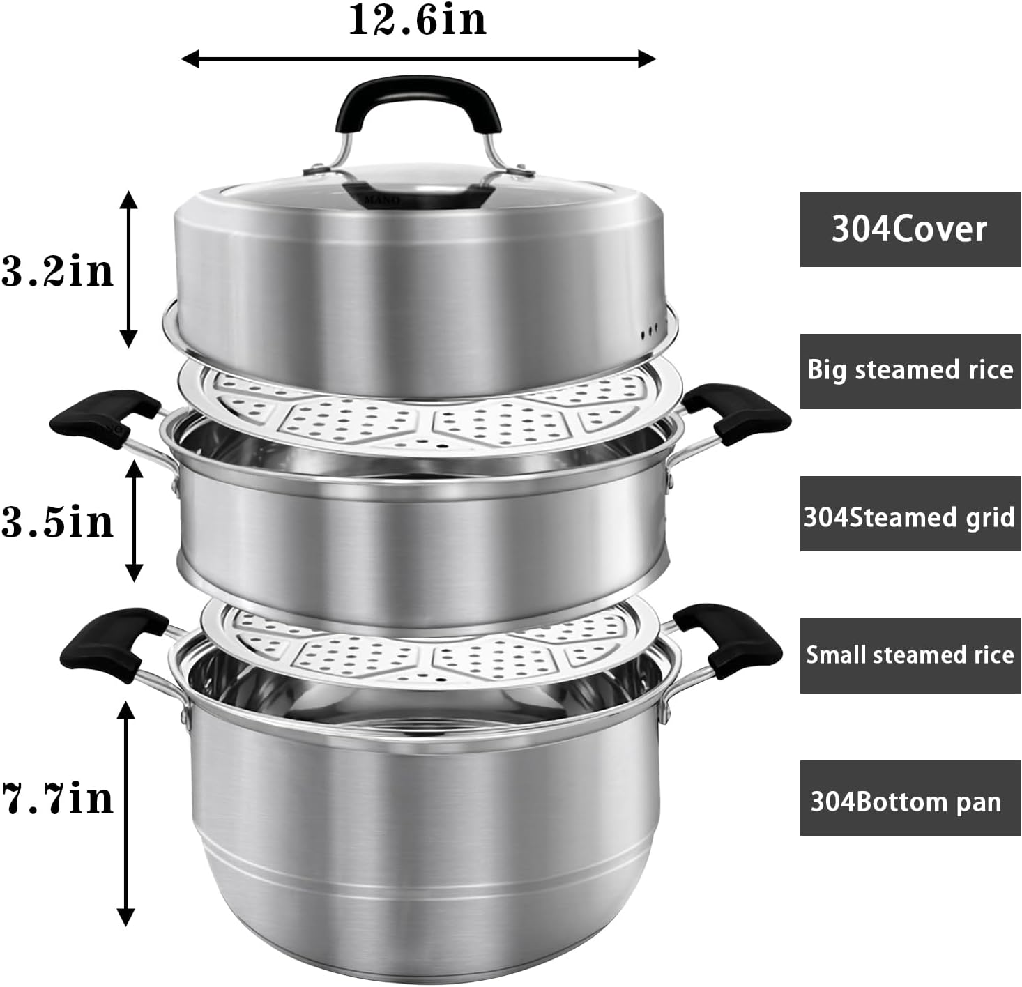 MANO Steamer Pot for Cooking 12.6 inch Steam Pots with Lid 2-tier Stainless Steel Steaming Pot Multipurpose Cookware with Handle for Vegetable, Dumpling, Stock, Sauce, Food…