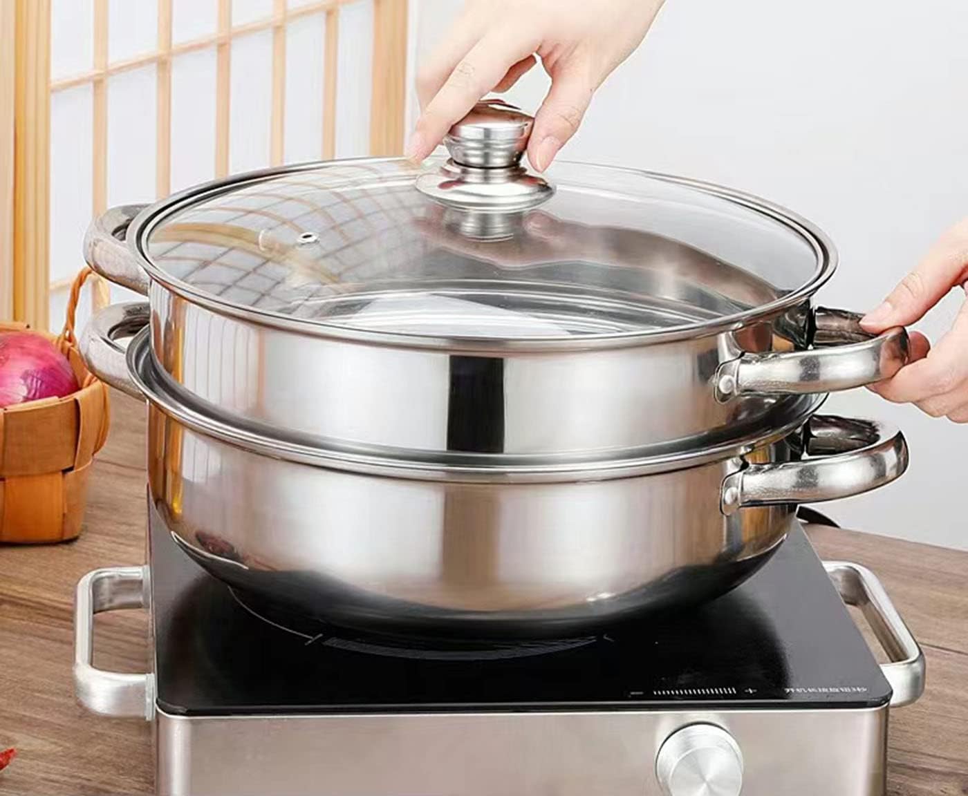 Steamer for Cooking, 18/8 Stainless Steel Steamer Pot, Food Steamer 11 inch Steam Pots with Lid 2-tier for Cooking Vegetables, Seafood, Soups, Stews and Pasta