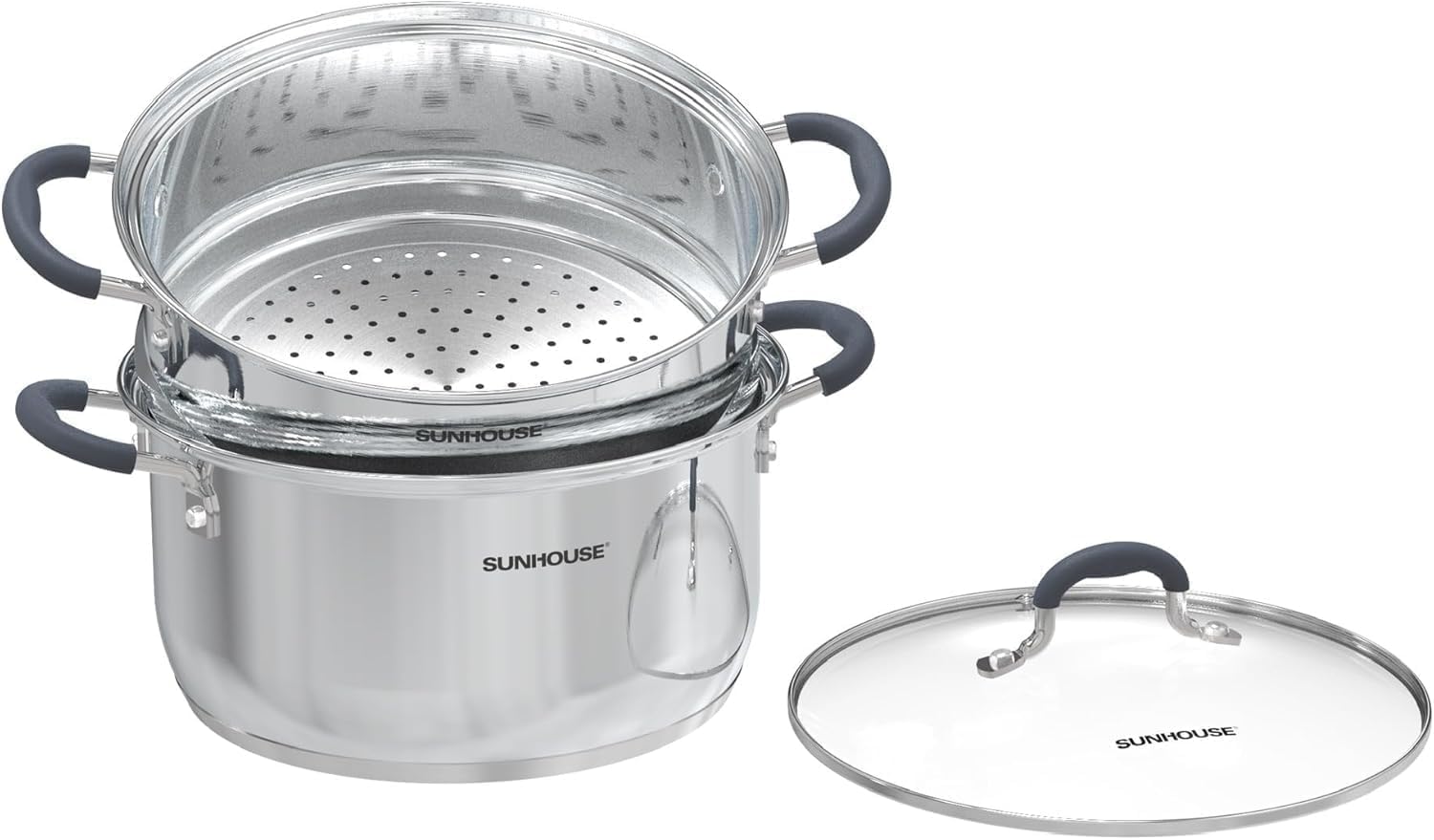 SUNHOUSE 3.3 Quart Steamer Pots With Lid 2-Tier Multipurpose Stainless Steel Steaming Pot Cookware For Vegetable, Dumpling, Sauce, Food - Triple Bottom, Measurement Line