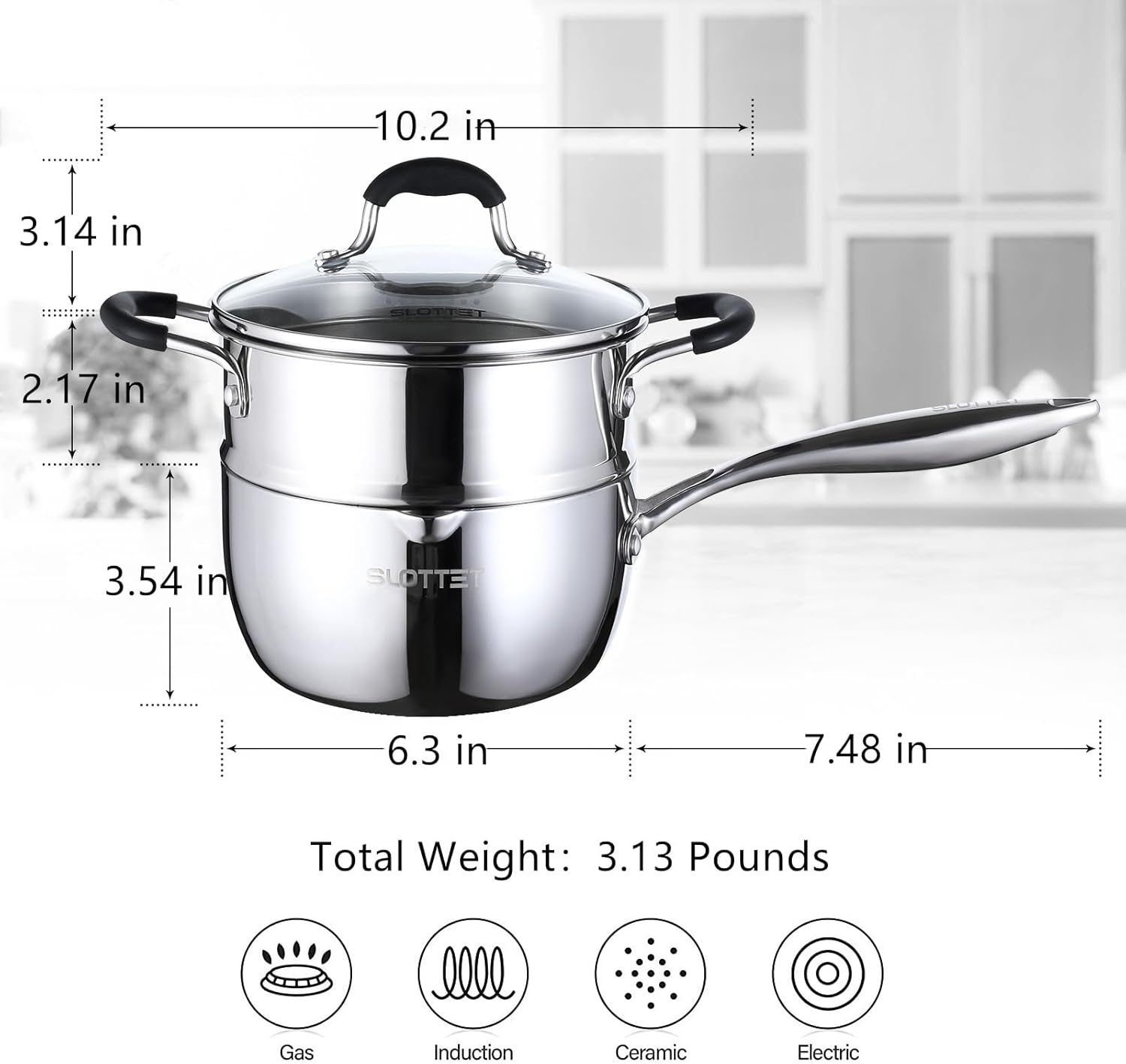 Tri-Ply Whole-Clad Stainless Steel Saucepan with Steamer,2.5 Qt Small Multipurpose Pot with Pour Spout,Strainer Glass Lid, 2 Quart Sauce Pan for Cooking with Stay-cool Handle.