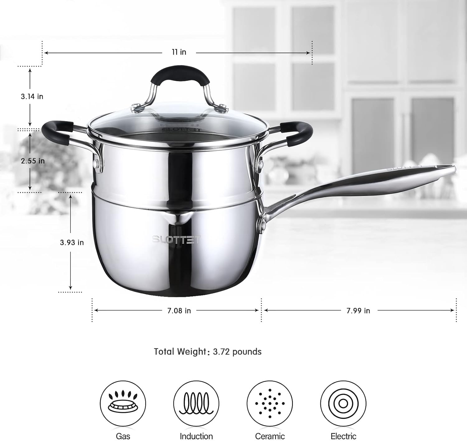 Tri-Ply Whole-Clad Stainless Steel Saucepan with Steamer,2.5 Qt Small Multipurpose Pot with Pour Spout,Strainer Glass Lid, 2 Quart Sauce Pan for Cooking with Stay-cool Handle.