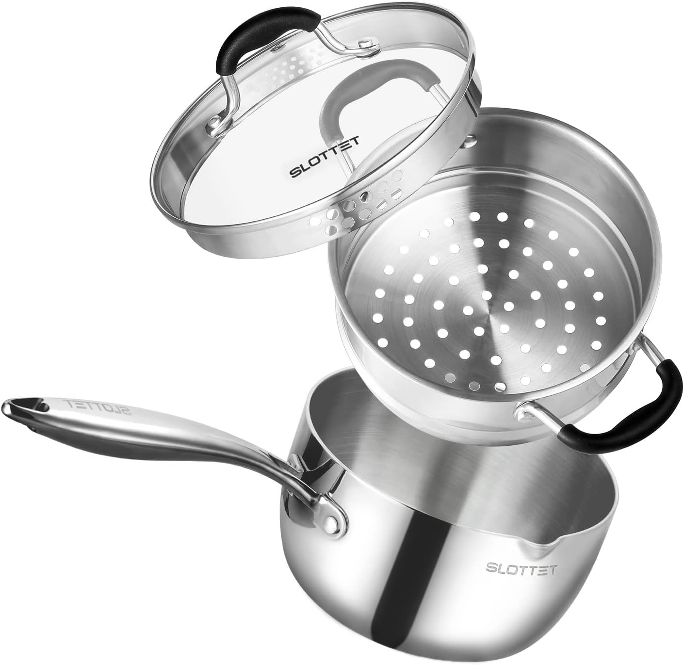 Tri-Ply Whole-Clad Stainless Steel Saucepan with Steamer,2.5 Qt Small Multipurpose Pot with Pour Spout,Strainer Glass Lid, 2 Quart Sauce Pan for Cooking with Stay-cool Handle.