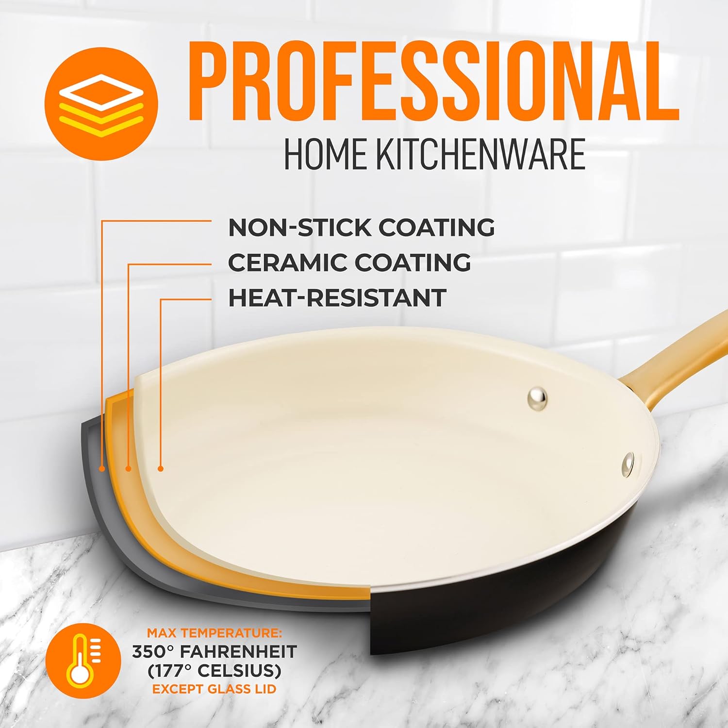 NutriChef 12-Inch Professional Ceramic Frying Pan - Large Skillet with Golden Titanium Handle, Non-Stick Ceramic Coating, Stain-Resistant, Easy to Clean, Ideal for Home Cooking